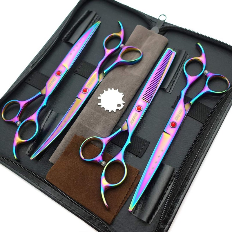 KINGSTAR 7.0in Titanium Rainbow Professional Pet Grooming Scissors Set,Straight & Thinning & Curved Scissors 4pcs Set for Dog Grooming,(Rainbow) - Image 2